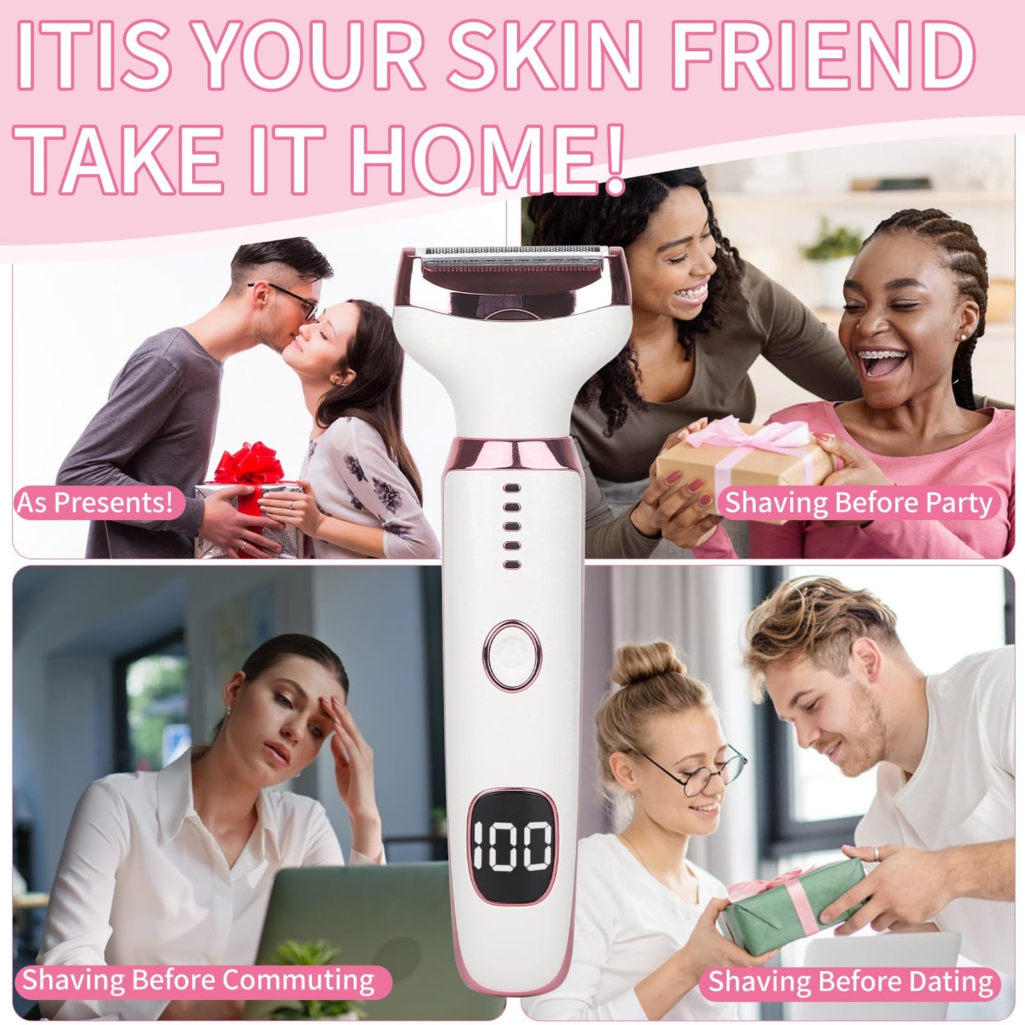 Beanify Electric Razor for Women Men with LED Display,4 in 1 Ladies Wet & Dry Body Razors and Facial Hair Remover, Rechargeable Hair Removal Kit for Nose Face Body Leg Bikini Arm Hair (Beige)