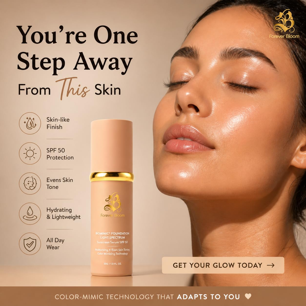 Forever Bloom Bio Mimic Foundation Light Spectrum SPF50 hydrates, conceals and evens tone with a lightweight, anti-aging finish for mature, sensitive skin—perfect for gym, sports or dance