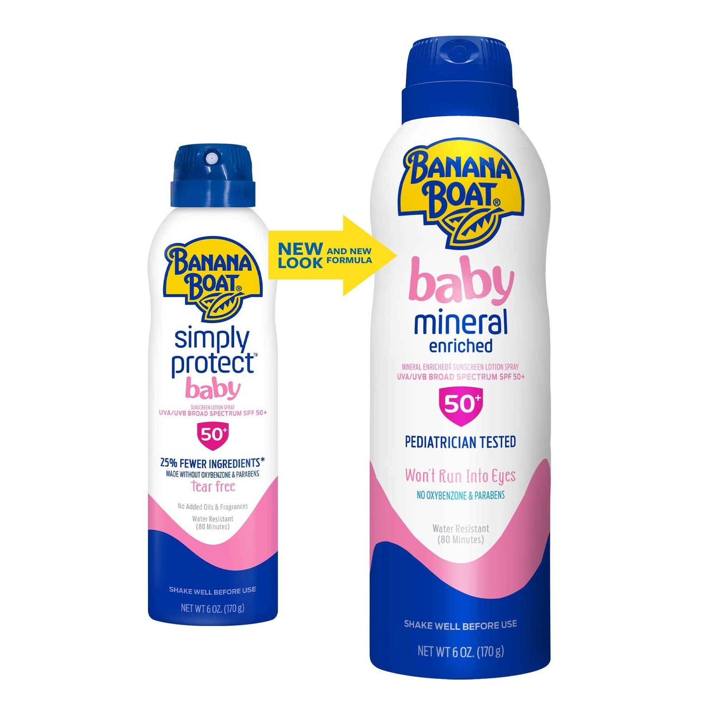 Banana Boat Baby Mineral Enriched Sunscreen, Won't Run Into Eyes, Broad Spectrum Sunscreen Lotion Spray, SPF 50, 6oz. (Pack of 2)