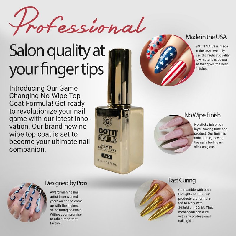 Gotti Nails No Wipe Gel Top Coat, High Gloss Shine, Non-Yellowing & Stain Resistant, Clear UV/LED finish