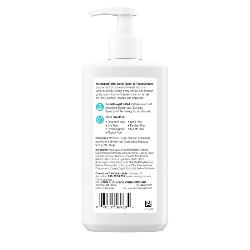 Neutrogena Ultra Gentle Cream-to-Foam Daily Facial Cleanser, Transforms from a Creamy Cleanser to a Foaming Face Wash, Gently Cleanses Sensitive Skin, Fragrance-Free, Hypoallergenic, 8.5 oz