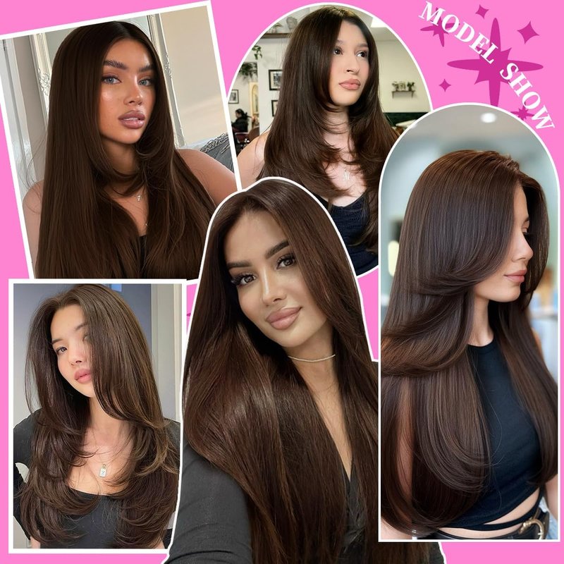 Synthetic 13x4 Lace Front Wigs Pre Plucked Chocolate Brown Straight Wigs For Women Ready to Wear Glueless Wig With Bangs Long Layered Straight Wigs 100% Futura Premium Fiber 26 Inch Beginner Friendly