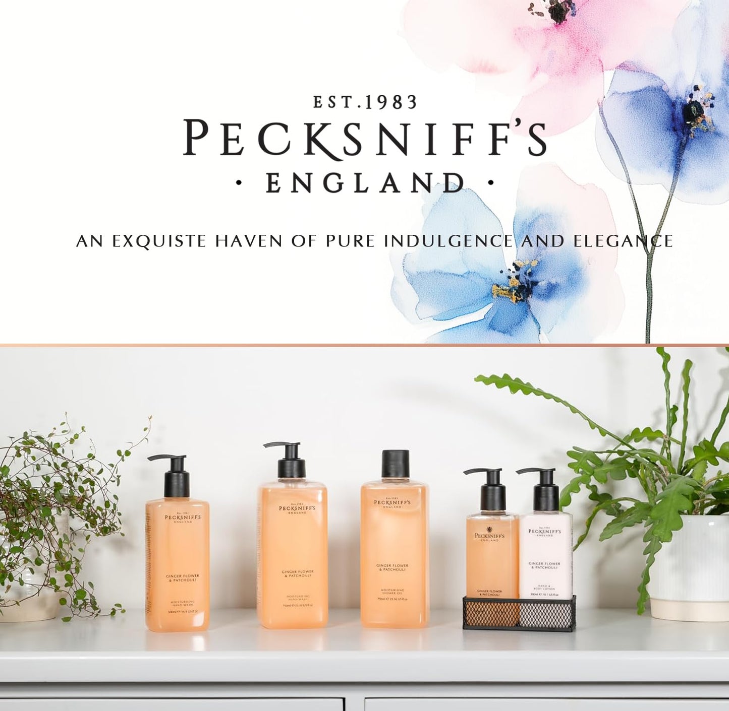Pecksniffs Luxury Bath Gift Set, Ginger Flower and Patchouli Moisturizing Hand Soap and Body Lotion Set with Caddy, 10.1 Fl Oz