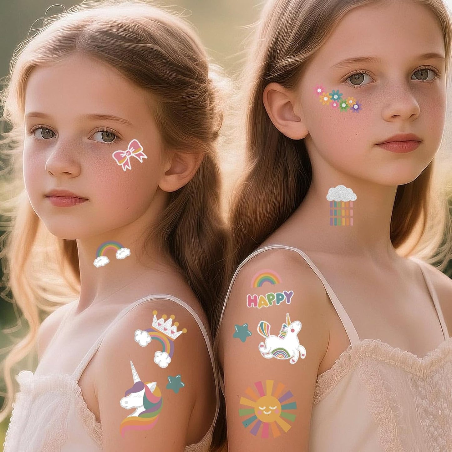 Waterproof Temporary Tattoos - 118pcs Groovy Fake Tattoo for Kids Birthday Party Supplies, Star Unicorn Smiley Rainbow Flower Candy Crown Arts and Crafts for Boys or Girls 6 7 8 9 10 11 12 years old