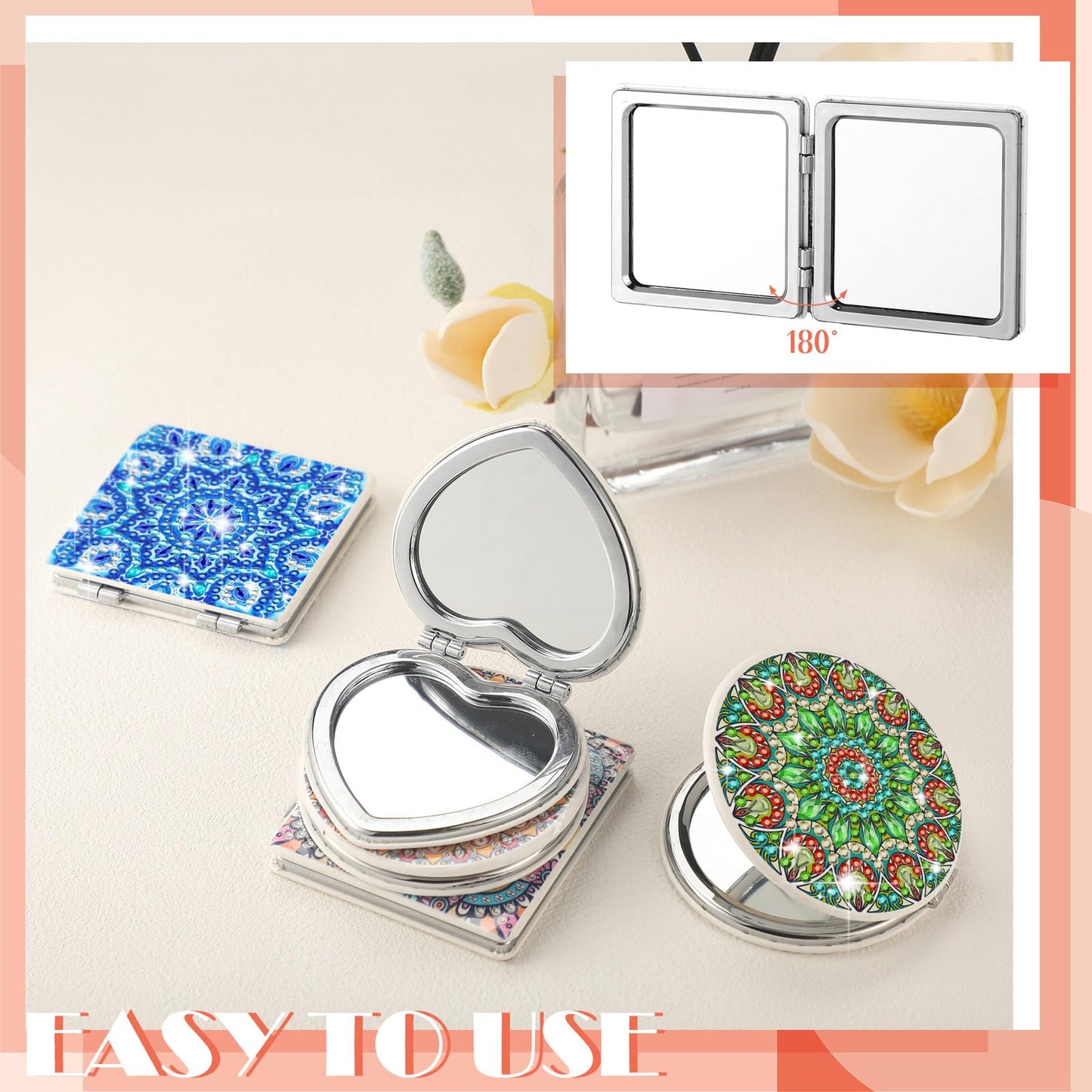 Thyle 6 Pcs Painting Compact Mirror DIY Painting Pocket Portable Folding Purse Mirror with Magnification Diamond Art Kits for Women Gifts