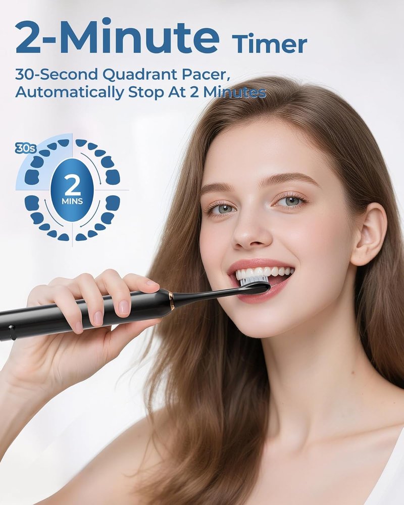 Electric Toothbrush - 4 Brush Heads, Travel Case, 180-Day Battery Life | Waterproof, 6 Modes, Smart Timer