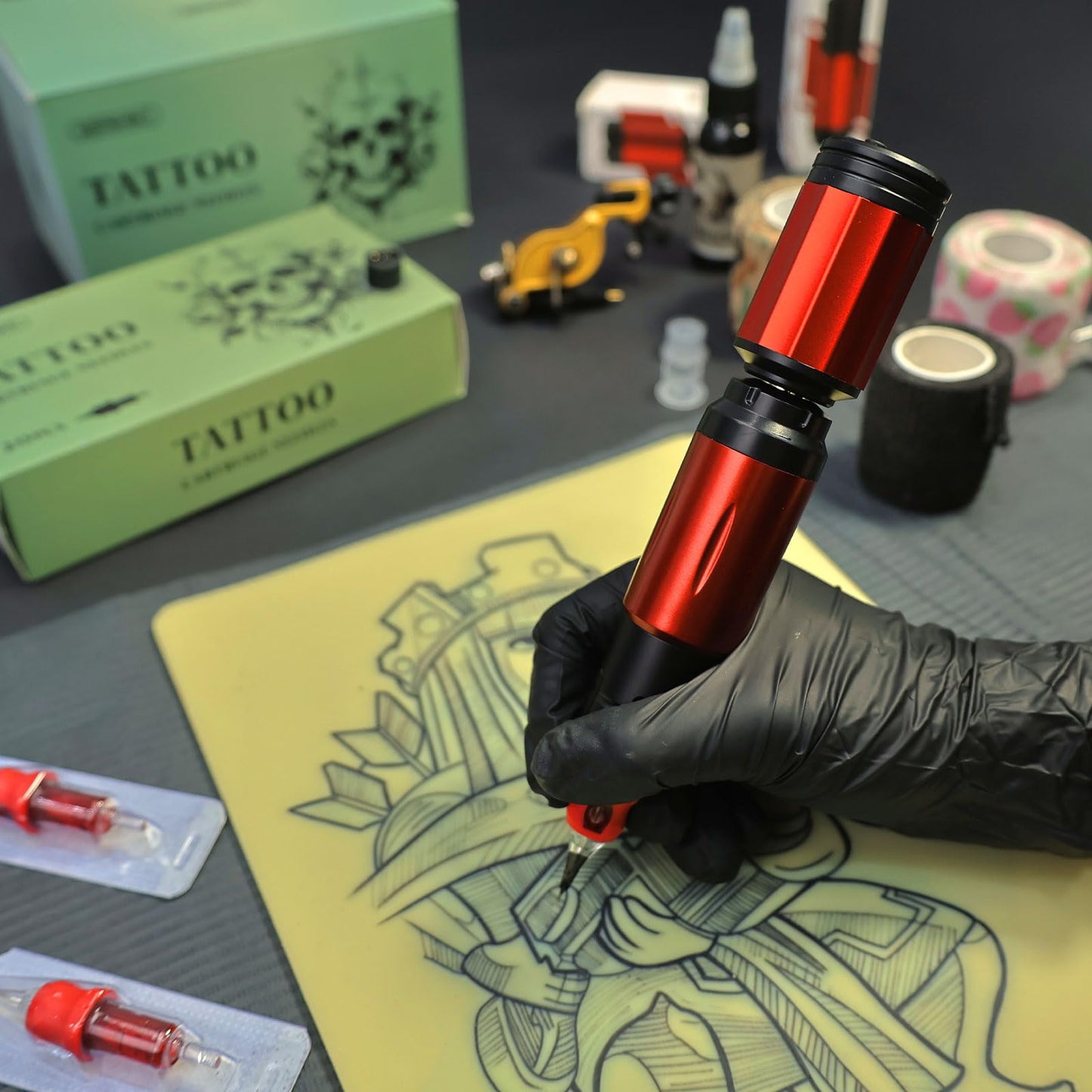 AIDEN Wireless Tattoo Machine Kit Tattoo Practice Pen with 1500mAh Tattoo Battery 20PCS Finger Ledge Tattoo Needles Rechargeable Cordless Complete Tattoo Kit LED Digital Display for Tattooist