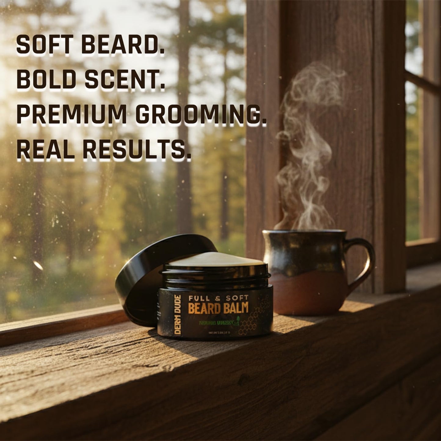 Derm Dude Full and Soft Beard Balm, Styles and Strengthens Beard, Promotes Fuller Beard, Moisturizes and Soothes Beard, and Free Beard Comb, Morning Woodsy Scent, 2 Fl Oz, 2 Pack