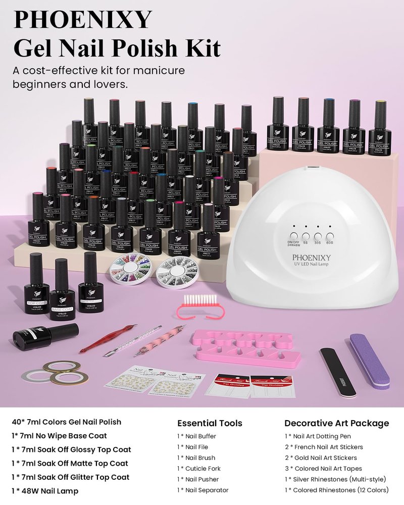 phoenixy 61 PCS Gel Nail Polish Kit with U V Light, 40 Basic Colors Collection Gel Nail Polish Set with 48W Nail Lamp Manicure Starter Gel Nail Kit Base Top Coat Gifts for Women
