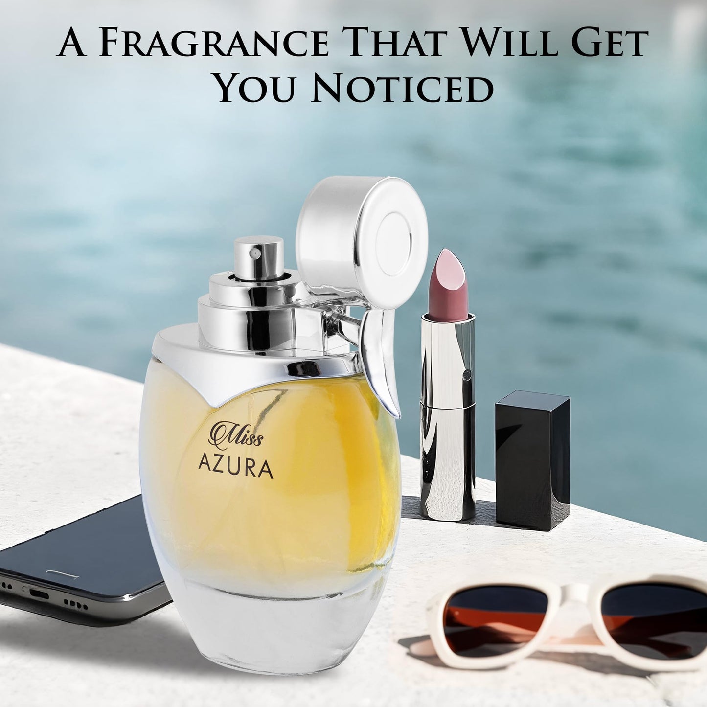 Miss Azura - Top Notes of Ginger Flower, Orange Blossom, Pink Pepper & Pomegranate - Middle Scent of Dulce de Leche & Datura - Base of Tonka Bean, Patchouli & Haitian Vetiver - Elegant 100ml Bottle