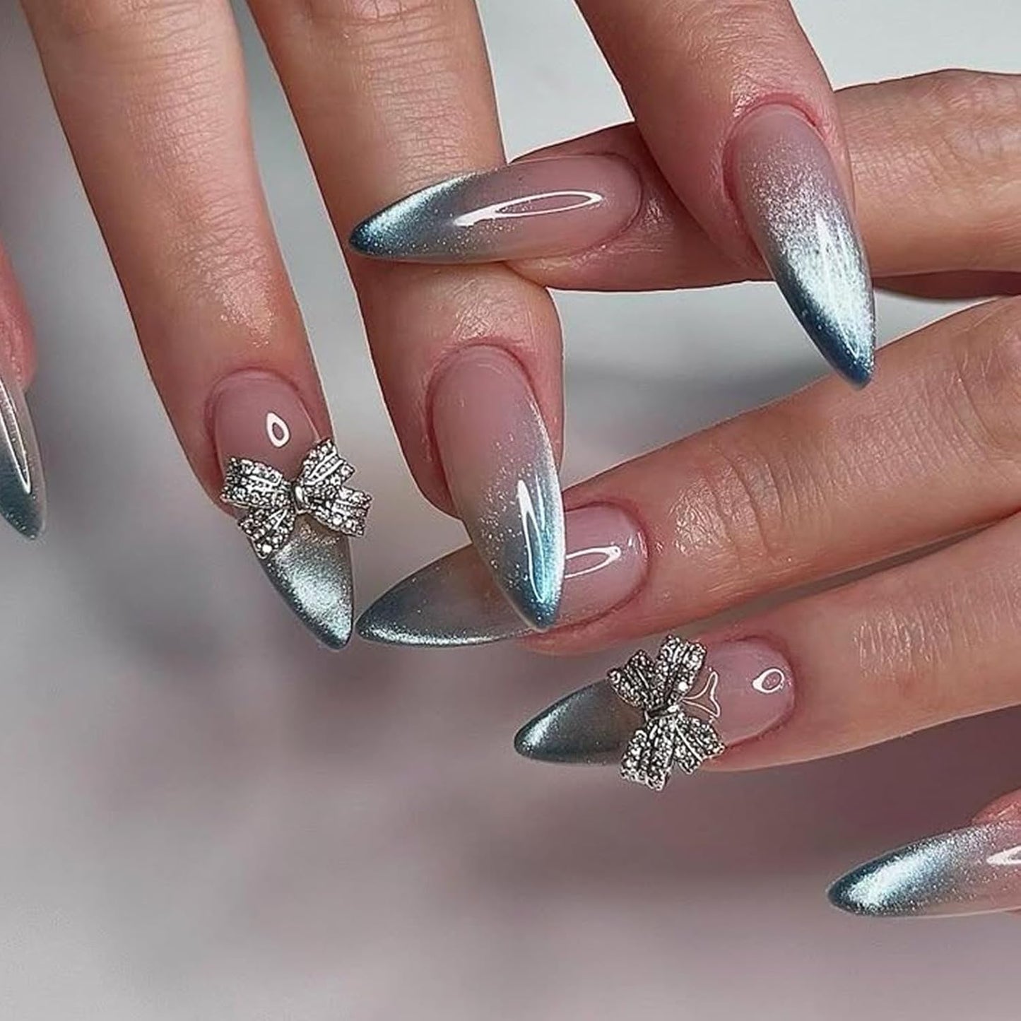 French Tip Almond Press-On Nails with Gold Bow | Reusable Glossy Acrylic False Nails for Women