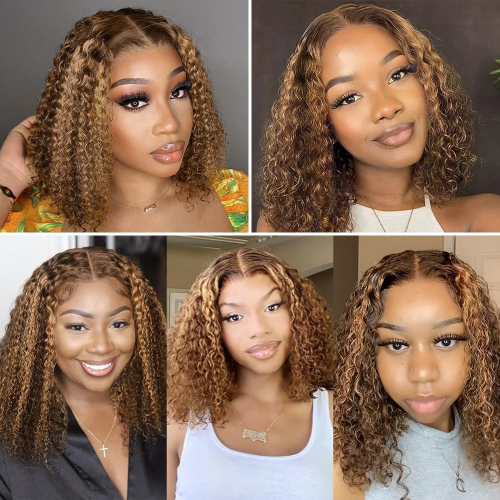 14 Inch Highlight P4/27 Kinky Curly Clip Ins Human Hair 110g 8pcs 20 Clips 3C 4A Curly Clip In Hair Extensions Real Human Hair Brazilian Virgin Hair Full Head for Women P4/27 Color