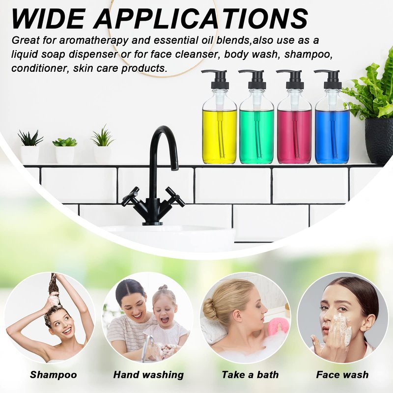 8 Pack Glass Pump Bottles with Black Lotion Pumps 8 oz Refillable Pump Bottles Dispenser Thick Glass Lotion Soap Shampoo Massage Oil Containers Multipurpose for Salon Cosmetic Kitchen Bathroom(Clear)