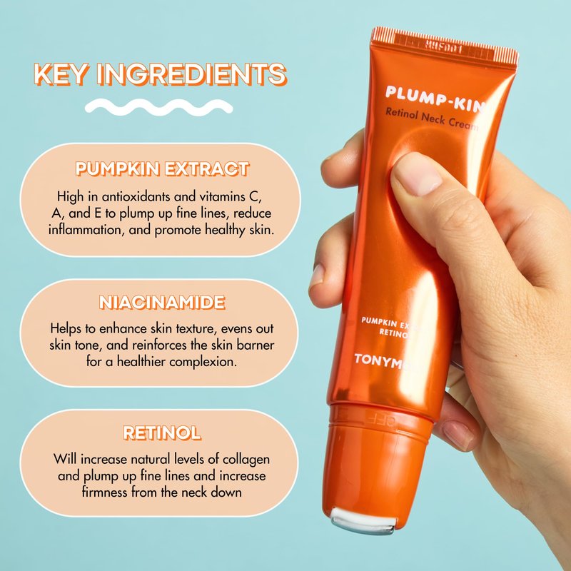 TONYMOLY Plump-kin Retinol Neck Cream Roller – Anti-Aging Neck Cream for Tightening & Firming, Pumpkin Extract + Retinol, Hydrolyzed Collagen, 1.69 fl oz
