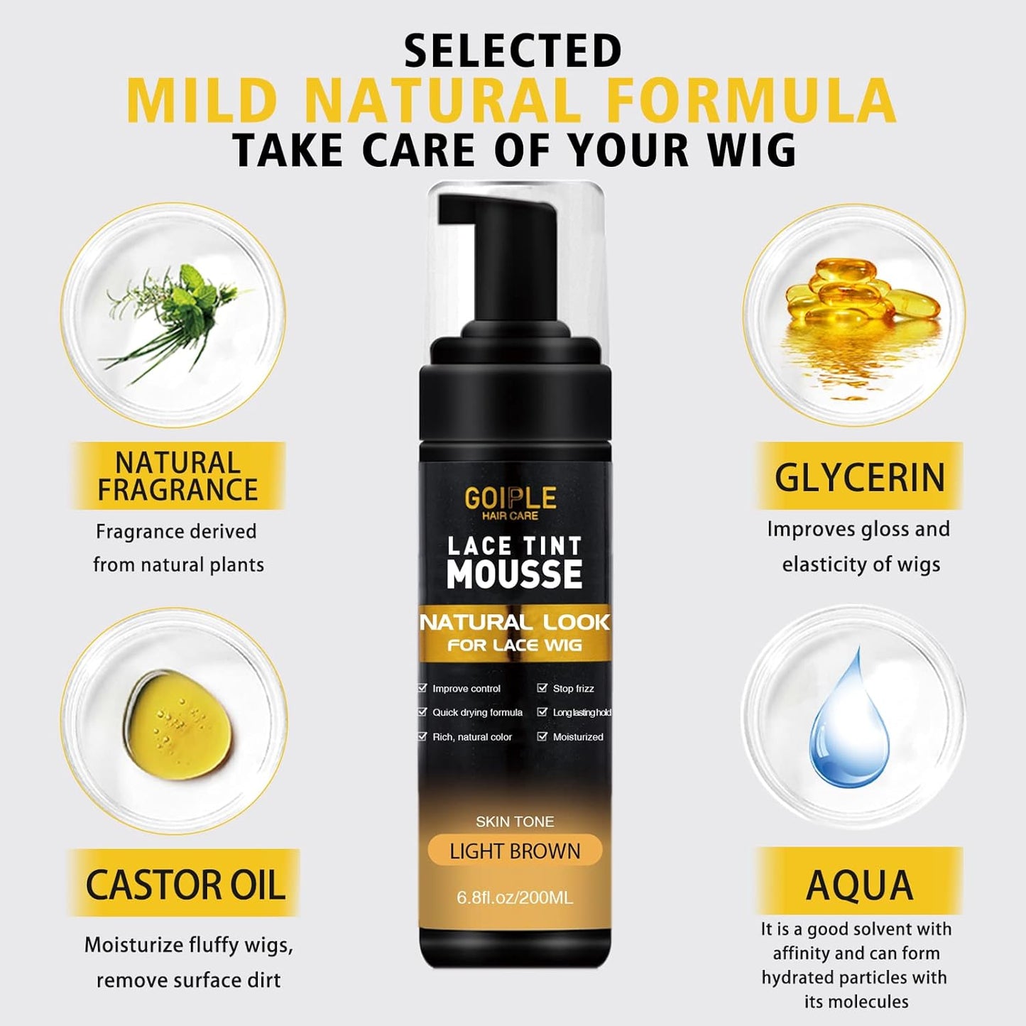 Lace Tint Melting Hair Mousse, 6.8 fl oz Lace Tint Mousse for Women Hair Wig Lace Wigs Toupees and Hairpieces Natural Finishing Lace Color, Lace Tint Mousse for Wigs Melts Lace Foam Tint(Medium Brown)