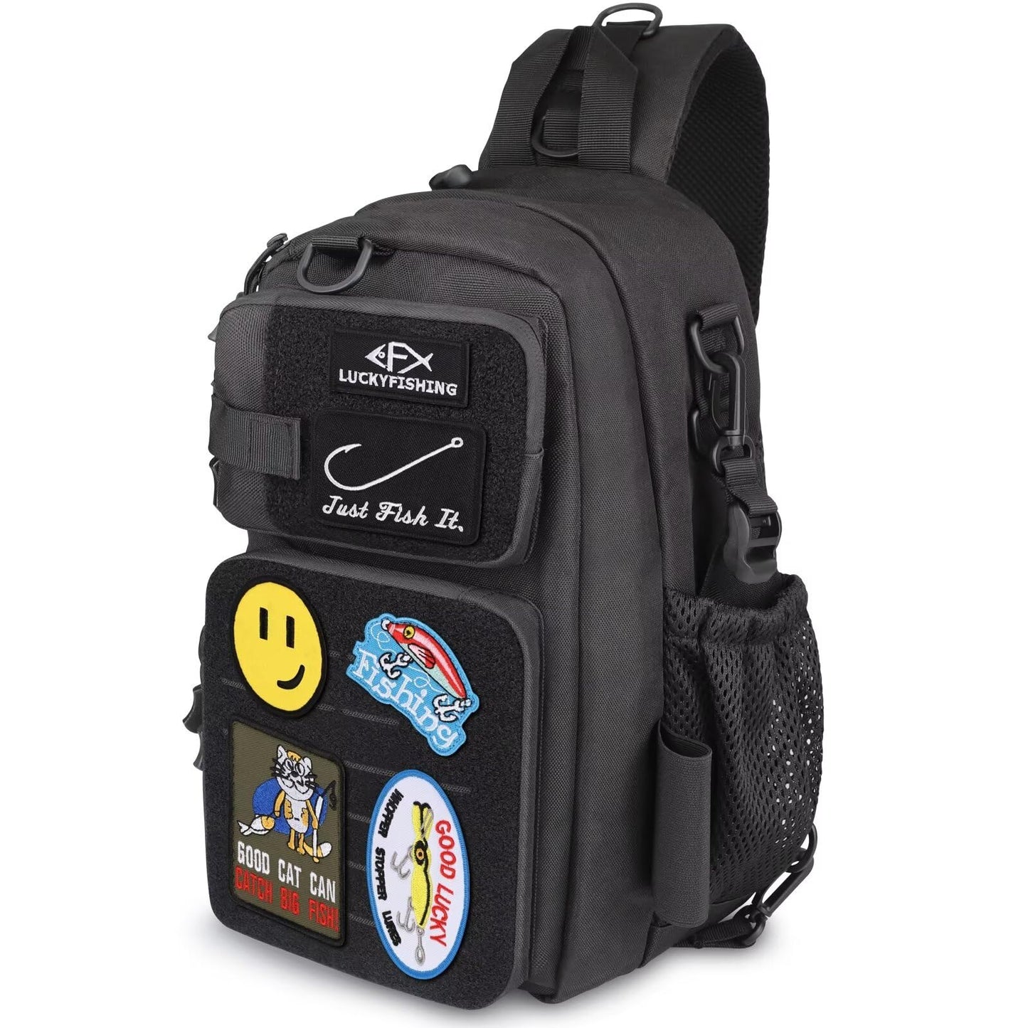 LUCKYFISHING Fishing Backpack - Lightweight Fly Fishing Sling Bag with 6PCS Hook Style DIY Embroidery Patches