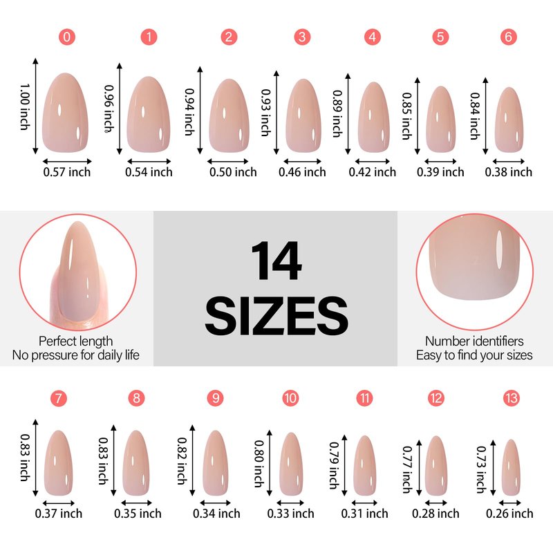 AILLSA Press on Nails Almond 140 PCS Fake Nails 4 in 1 Medium Glossy Nude Nails Press Ons, Long Lasting Pre-Shaped Gel Nails Natural False Nail for Nail Art DIY Women