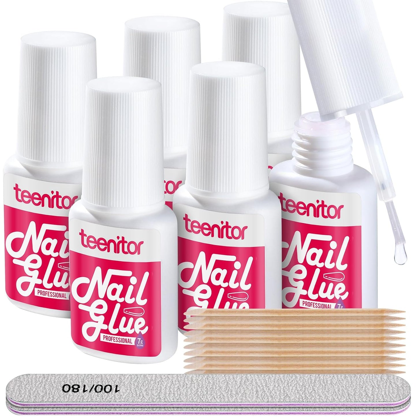 Teenitor Nail Glue for Press Ons, 3 Pack Best Nail Glue for Gel Tips with Nail Files, Super Strong Nail Glue for Broken Nail Brush on Nail Glue for Press on Nails