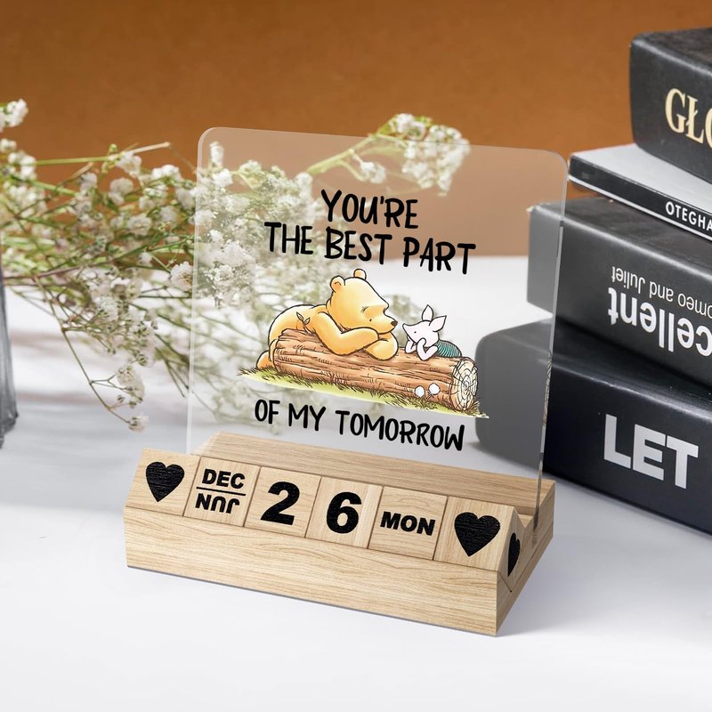 Winnie Decorations Gifts, Pooh Wooden Block Calendar for Desk, You're The Best Part of My Tomorrow Desk Decor, Pooh Stuff Friendship Plaque, Christmas Birthday Gifts for Women Coworker Best Friend Besties