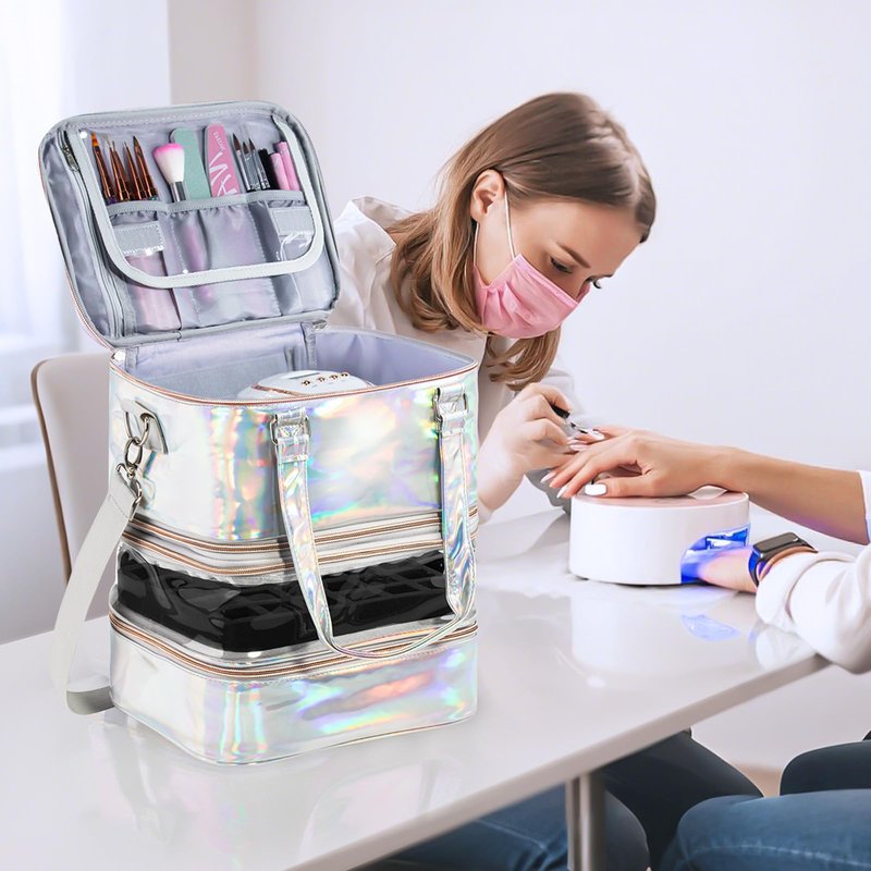 Nail Polish Organizer Case, 3 Layers Removable Nail Polish Storage Bag Holds 60 Bottles and Nail Lamp with Shoulder Strap Portable Holographic PU Leather Nail Kit Storage for Manicure Tools (Silver)