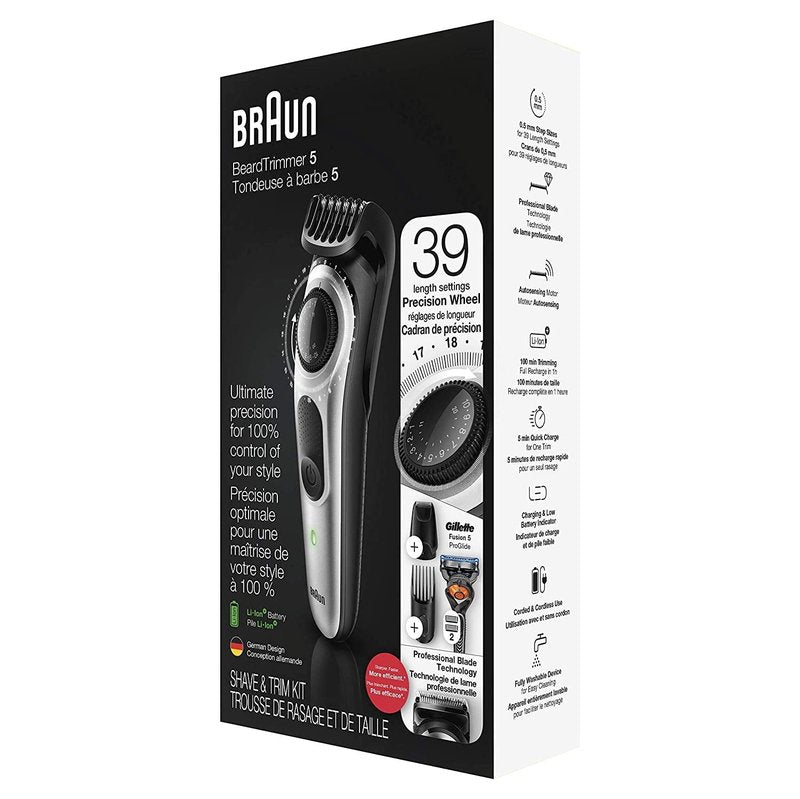Braun Beard Trimmer - Cordless Hair Clippers for Men | Rechargeable Mini Foil Shaver Set, Black/Silver, 6 Pieces