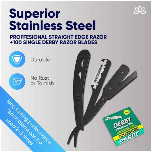 Equinox Professional Straight Edge Razor with 100 Single Derby Blades 100% Stainless Steel Razor and Blades - Close Shaving Men's Manual Shaver - Disposable Blades -Barber Straight Razor Kit - Black