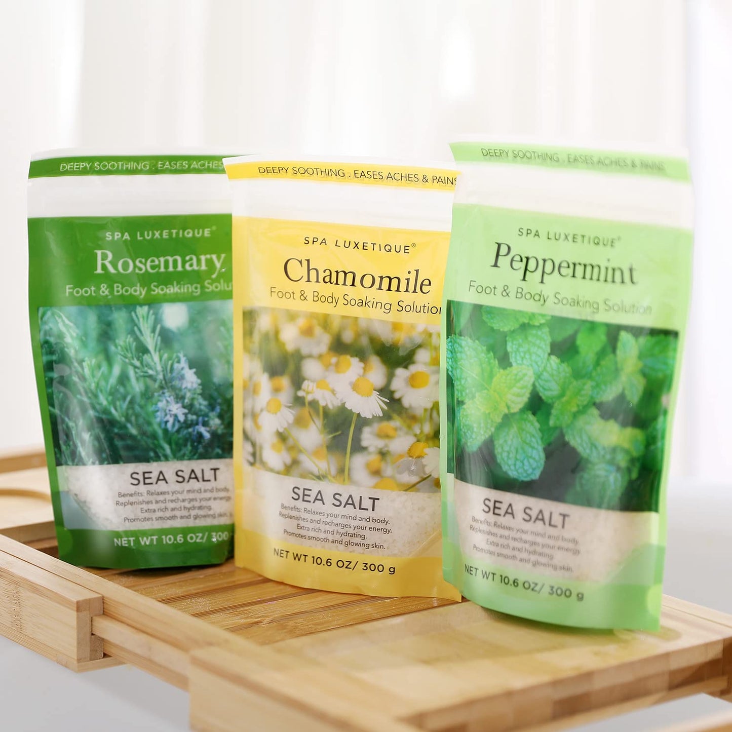 spa luxetique Bath Salts Gift Set 6-Pack, Foot and Body Sea Salts for Soaking, Wooden Scooper, 0.5oz Argan Oil, Bath Salts for Women Relaxing, Mother's Day Gifts for Mom, Christmas Gifts for Her