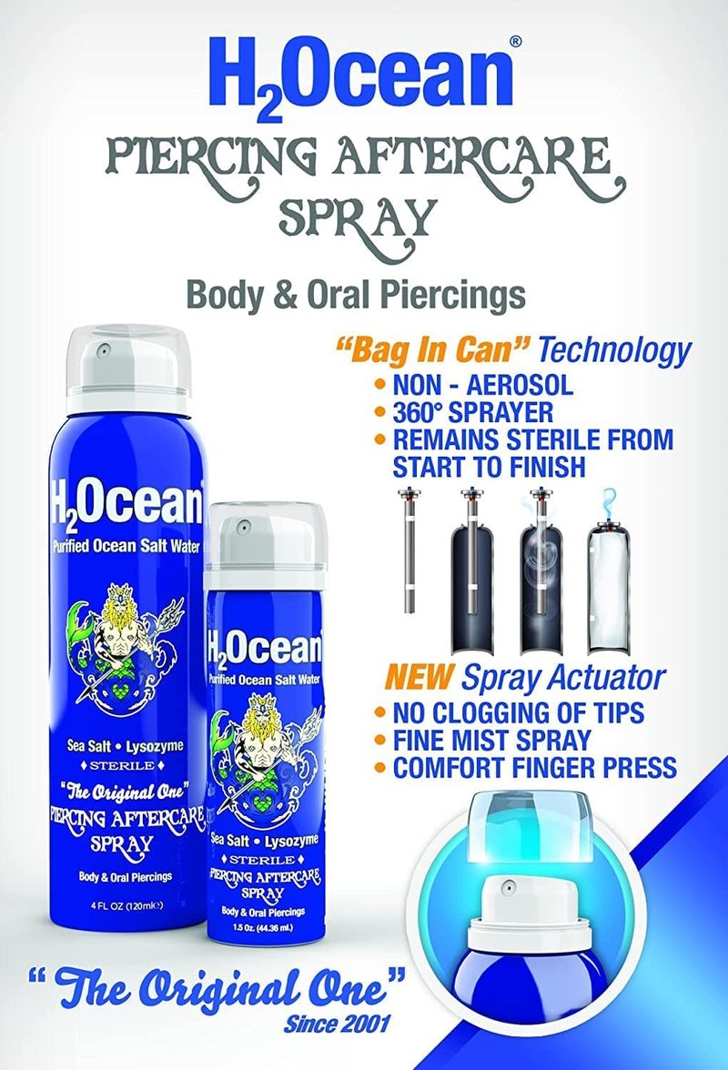 H2Ocean Piercing Aftercare Spray, Saline Spray for Piercings Cleaning Solution, with Sea Salt Nipple, Ear, Nose, Lip, Belly Piercings Cleaning Spray with Sea Salt & Bump Treatment, Set of 2