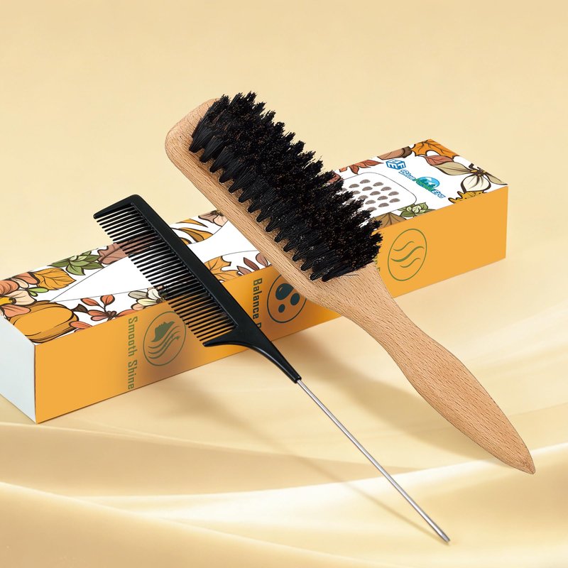BlueForest Era Slick Back Hair Brush, Boar Bristles Smoothing Hair Brushes & Black Rat Tail Comb, Natural Wooden Hair Brush for Men Women, Soft & Hard Bristles Brush for Hair Smooth Flyaways