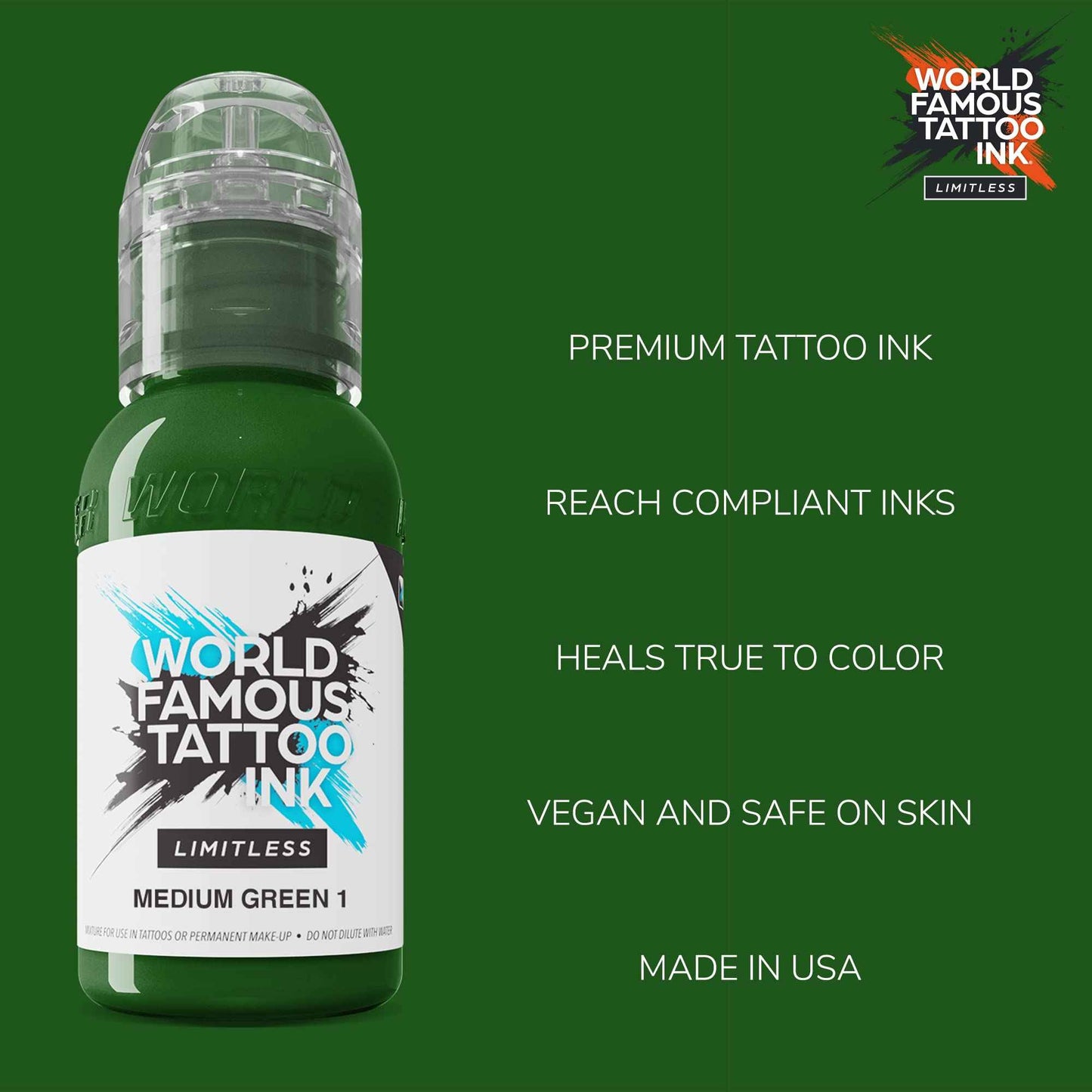 World Famous Tattoo Ink Limitless - Medium Green 1 - Professional Tattoo Ink & Tattoo Supplies - Skin-Safe Permanent Tattooing in Bold Shades - Vegan & Non-Toxic (1 oz)