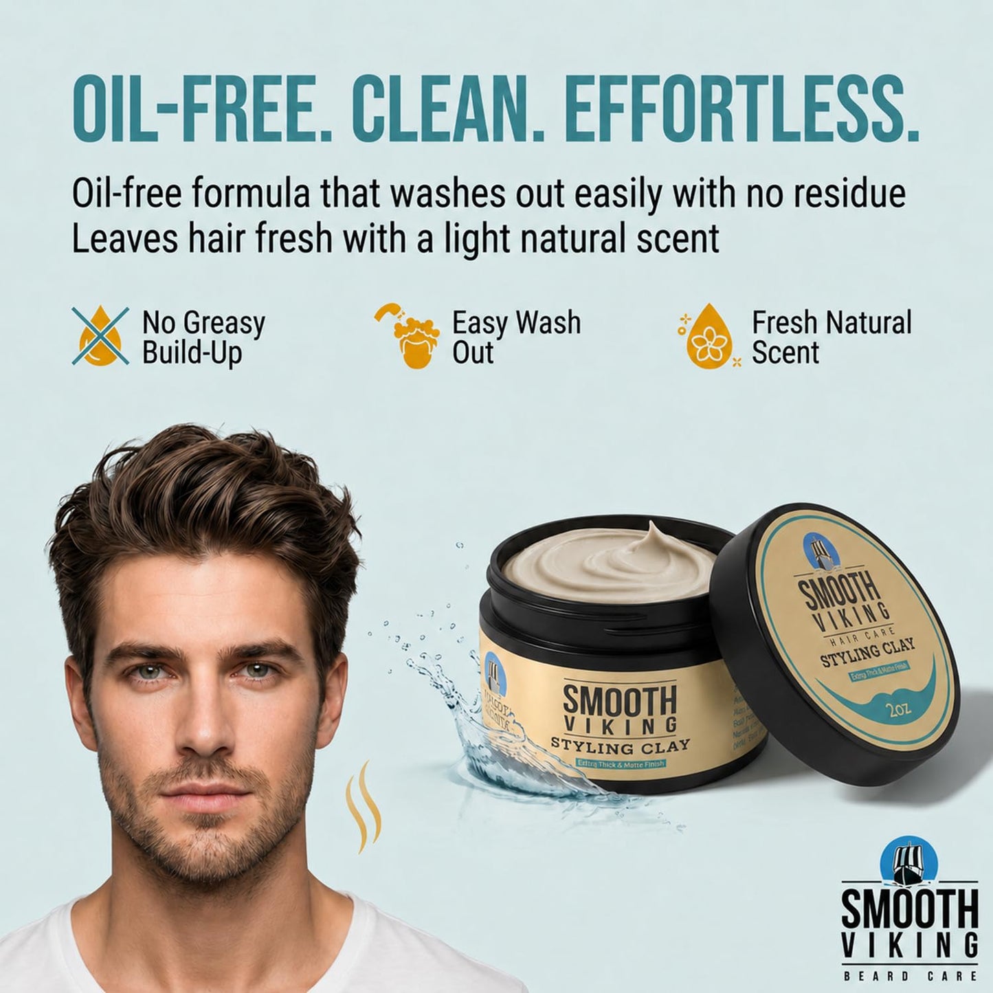 Smooth Viking Hair Clay for Men Strong Hold Matte Finish Pomade Texture Styling Paste Natural Thickening Hair Product Easy Wash Out All Type Hairs 2oz