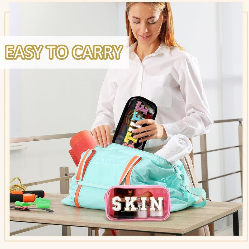 Chenille Letter Cosmetic Bag Set - Waterproof Nylon Makeup Pouches | Multi-Purpose Toiletry Organizers for Women (Classic Colors)