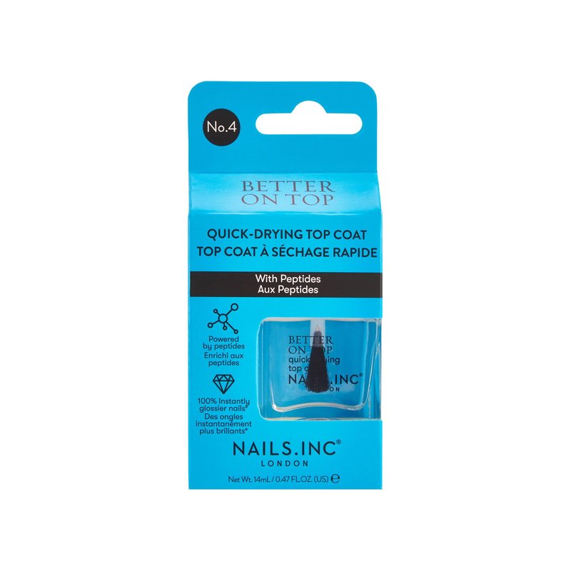 Nails Inc Better On Top, With Peptides, Glossy, Top Coat, High Shine, No Chip, Long Lasting, Quick Dry, Air Dry, Professional Manicure & Pedicure, Fingernails & Toenails, Vegan Nail Polish, 0.47 Fl Oz