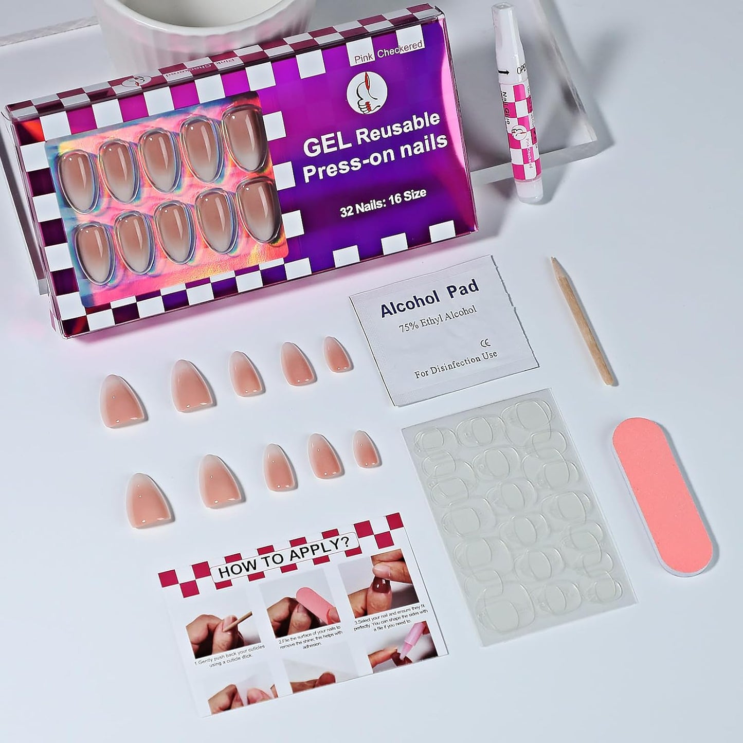 French Almond Gel Press On Nails Short 16 Sizes Fake Nails Glossy 32pcs, Nail Glue Included