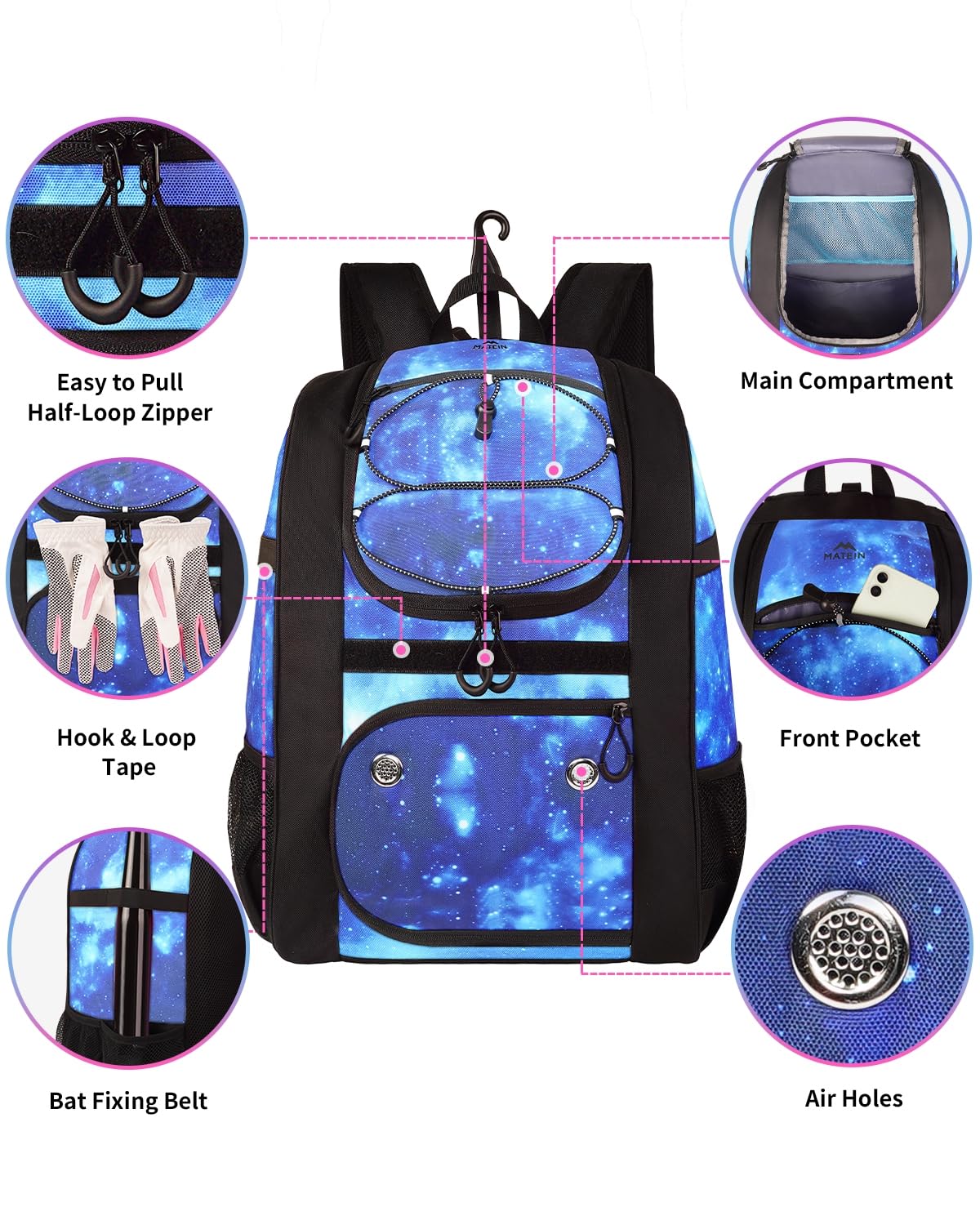 MATEIN Softball Bag, Lightweight Baseball Backpack with Shoe Compartment, Baseball Bag with Fence Hook for TBall Bat & Equipment, Softball Gifts Catchers Backpack for Women Fit Batting Glove, Helmet