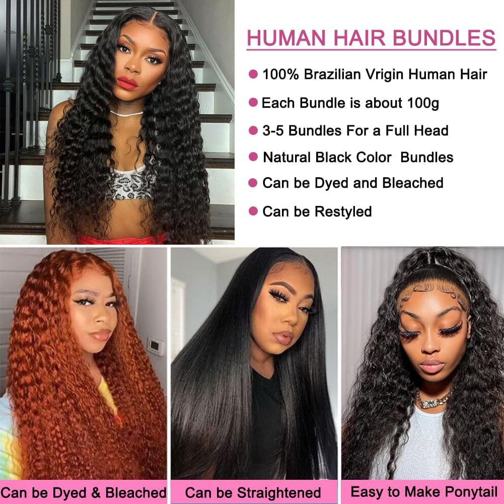 Deep Wave Human Hair Bundles 12 14 16 Inch Deep Curly Bundles Human Hair Double Weft 12A Brazilian Virgin Remy Hair Full and Thick