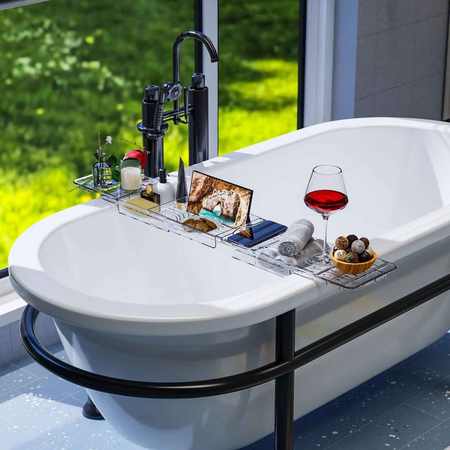 Luxury Expandable Bathtub Tray for Tub, Clear Acrylic Bath Tub Tray with Adjustable Length Up to 31.8", Bathtub Accessories for Relaxing, Bath Accessories for Women
