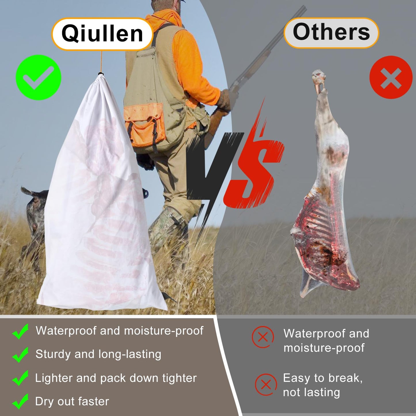 Deer Game Bags Elk Hunting Bags Taslon Meat Bag Reusable 33-Inch Heavy Duty Drawstring Hunting Meat Bags Game Quarter Bag with Reflective Strip, 5 Pack