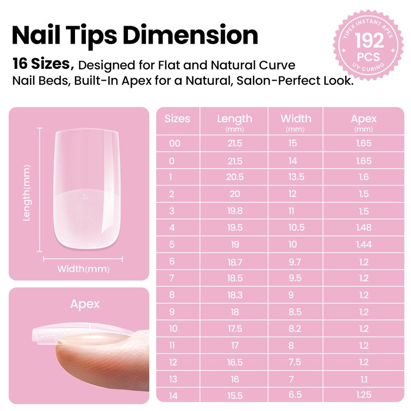 Beetles Tipex Lite Apex Nail Tips Kit, Short Square, 192pcs 16 Sizes,with Solid Nail Glue, Base & Top Coat, Mini UV Lamp, Nail Clipper & Cuticle Nipper, for DIY Salon-look Extensions Kit