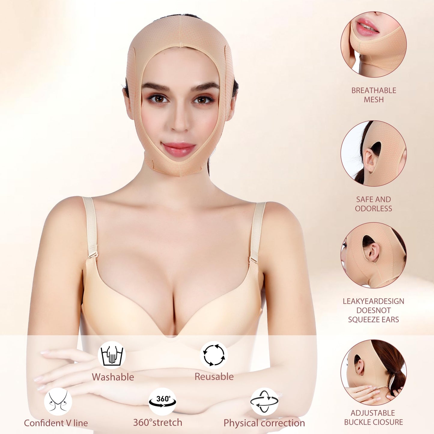 FABLESMODA Chin Strap for Sleeping Adjustable V Line Lifting Mask for Women,Neck and Chin Compression Garment Wrap Comfortable and Breathable Jaw Strap for Sleep