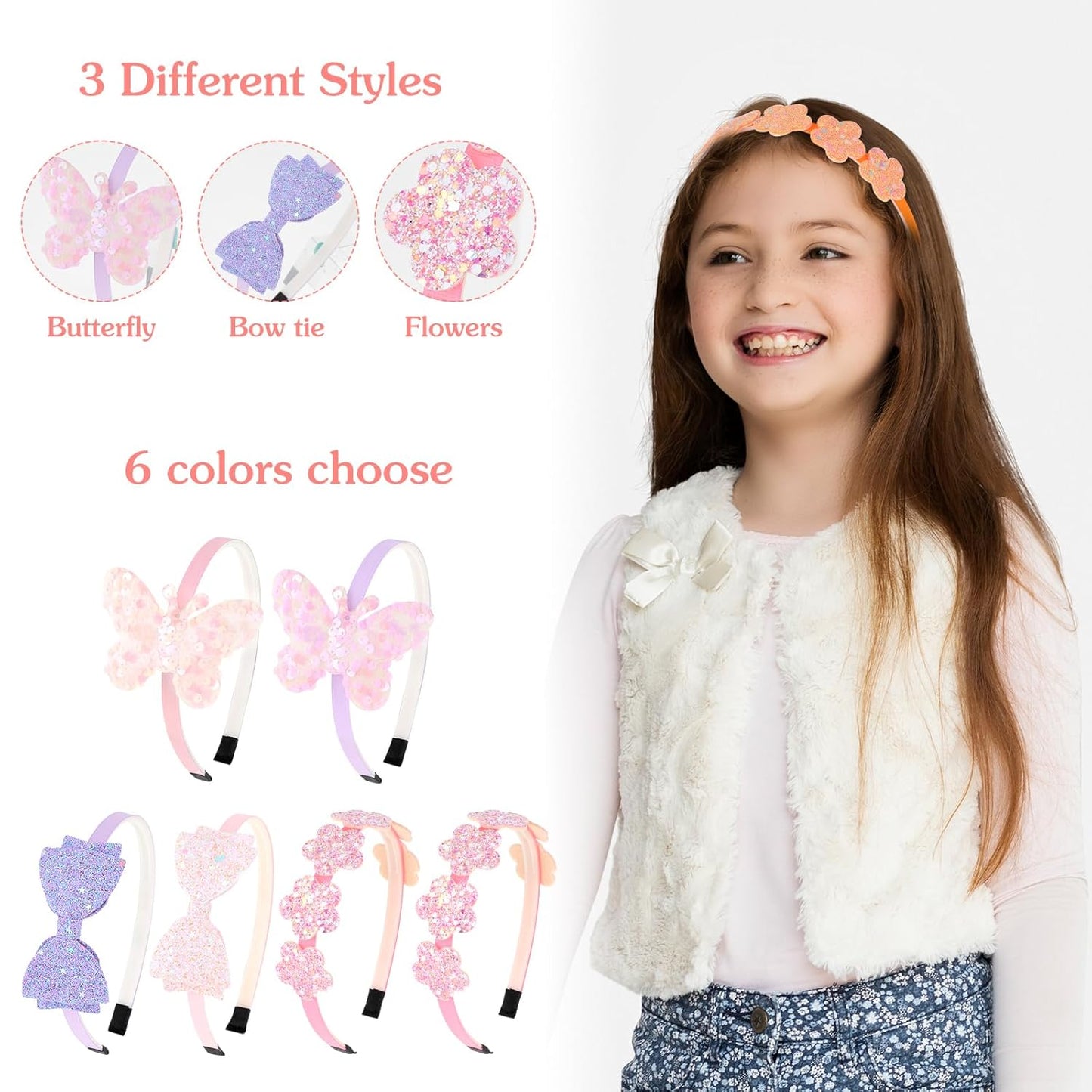 6 Pack Girls Headbands with Bow, Colorful Glitter Kids Headbands for Little Girls with Plastic Sparkly Bow Butterfly Floral Toddlers Hair Accessories