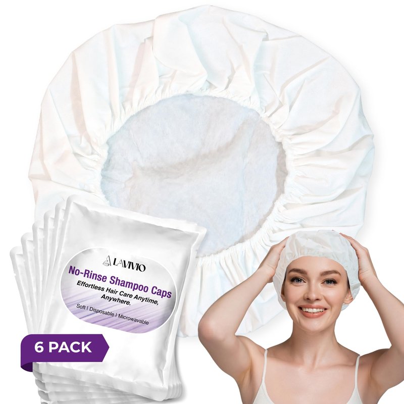 LAVIVIO No Rinse Shampoo Caps – Waterless Hair Washing Shower Caps for Bedridden Patients, Elderly, Hospital Use – Disposable Rinseless Conditioning Bathing Supplies with Aloe Vera, Vitamins - 12 Pack