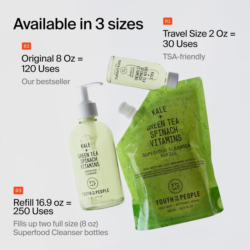 Superfood Facial Cleanser - Kale & Green Tea Daily Face Wash for Glowing Skin | pH Balanced, Refillable, Gentle Makeup Remover