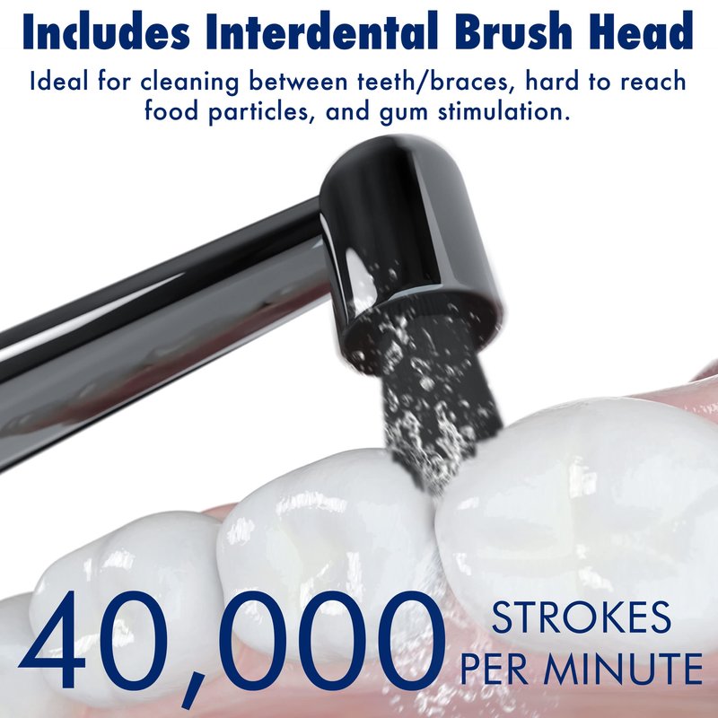 Sonic-FX Solo Electric Toothbrush w/ 10 Brush Heads + 1 Interdental, Charcoal Bristles, Rechargeable, Charging/Storage Base, 3 Brush Modes, Smart Timer, 2 Months Use on Full Charge, Black Color