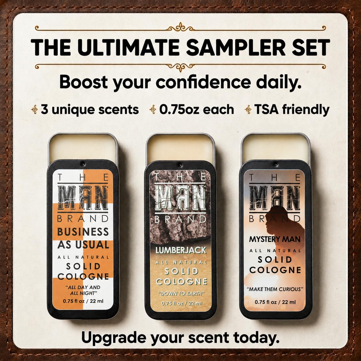The Man Brand Solid Cologne Sample Set of 3 with Business As Usual, Lumberjack, and Mystery Man Wax Cologne - Mens Travel Size Perfume Sampler Set (The Triad - 3 Pack - 0.75 oz each)