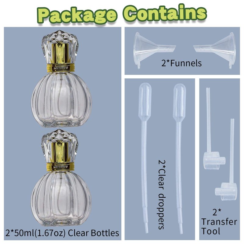 BTSuoYe 2PCS Refillable Perfume Bottles Empty Vintage Pumpkin Shape Portable Crystal Glass Atomizer with 50ML(1.76 oz) Fine Mist Spray with a Clear bottle, Gold nozzle, Acrylic cap (Pumpkin shape)