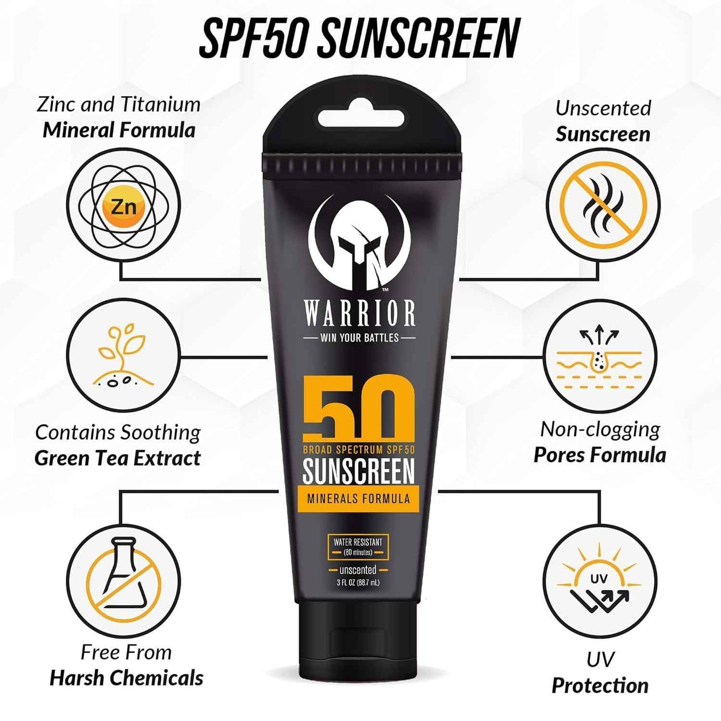 WARRIOR - WIN YOUR BATTLES- SPF 50 Sunscreen Lotion - 80 Minutes Water Resistant, Reef Safe, Unscented Lotion Non-Nao Zinc & Non-NanoTitanium Sunscreen with Mineral Formula - 3 Fl. Oz
