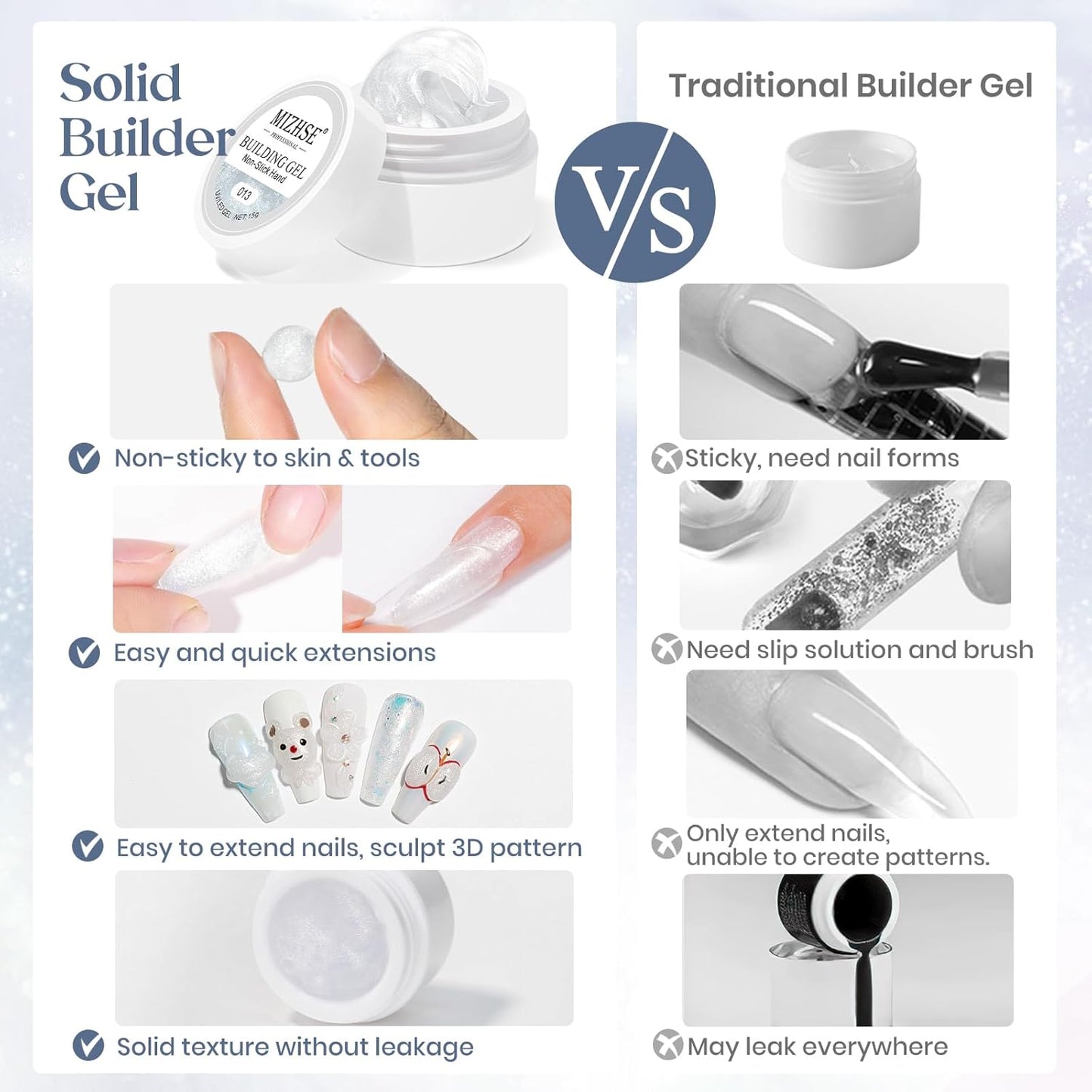 MIZHSE Solid Builder Gel for Nails, Clear Non-Sticky Sculpting Gel, 3D Nail Art Carving Building Modeling Hard Nail Extension Soak Off UV/LED Nail Art Salon Home DIY 15g
