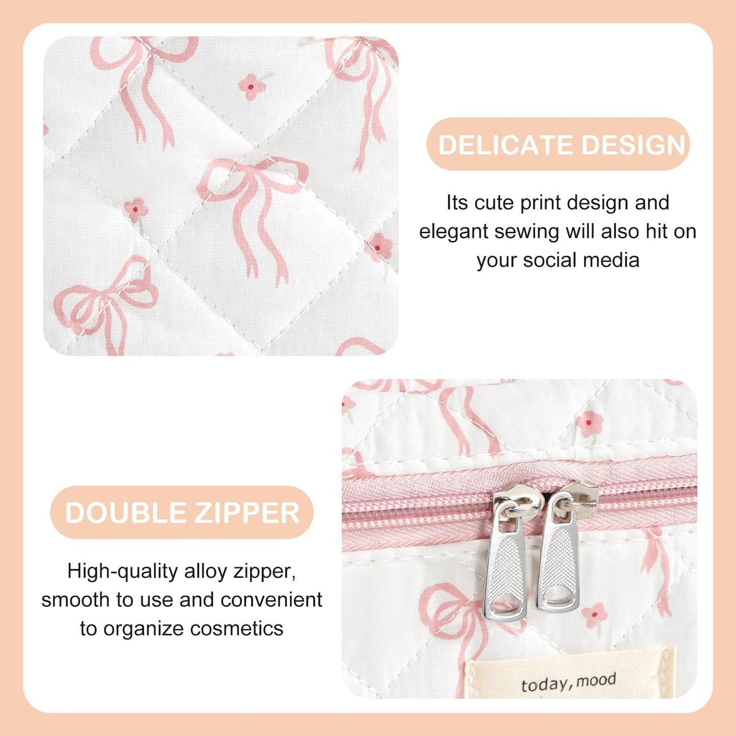 UUYUUY Makeup Bag for Women 3PCS Quilted Cotton Make Up Bag Travel Cosmetic Bag Large Makeup Bag Set Cute Bow Organizer Floral Toiletry Pouch for Purse, Bow B