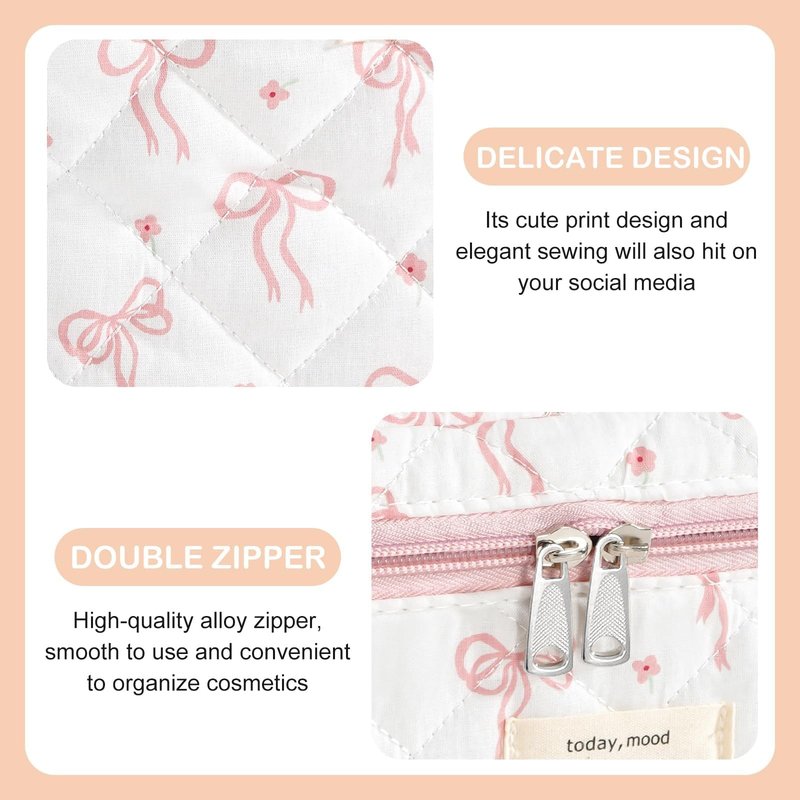 UUYUUY Makeup Bag for Women 3PCS Quilted Cotton Make Up Bag Travel Cosmetic Bag Large Makeup Bag Set Cute Bow Organizer Floral Toiletry Pouch for Purse, Bow B